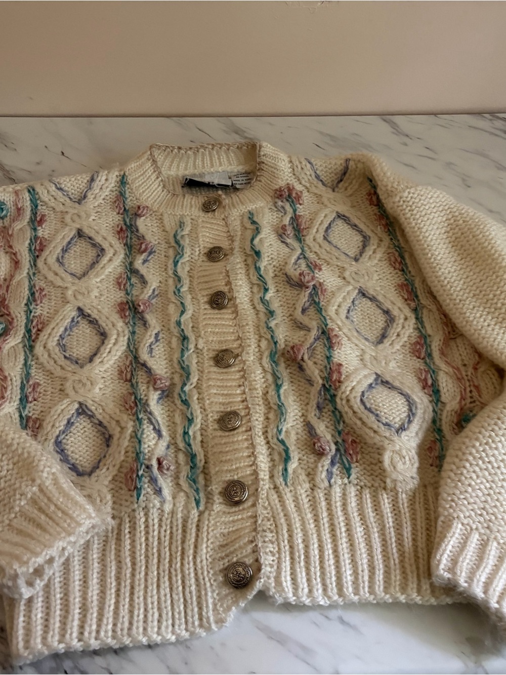 Vintage 80s Russ Cable Knit Cardigan Sweater - M